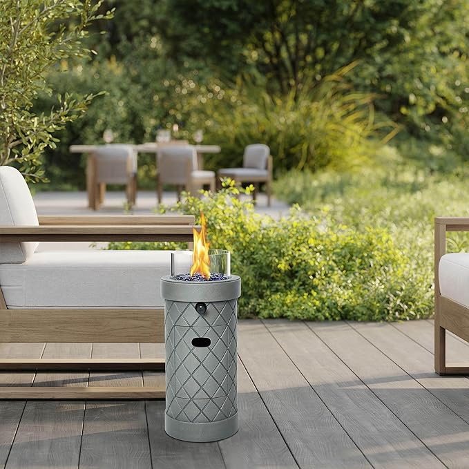 1 lb Column Propane Fire Pit 10000 BTU Gas Fire Pit Outdoor Firepit for Patio w/Wind Glass Shield Glass Rocks
