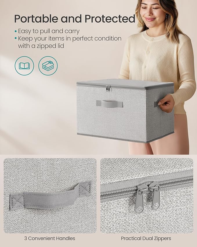 SONGMICS Foldable Storage Organizer Boxes Set of 3 Storage Basket Bins with Lids Handles Clothes Organizer 15.7 x 11.8 x 9.8 Inches Non-Woven Fabric Dove Gray URZB003W01