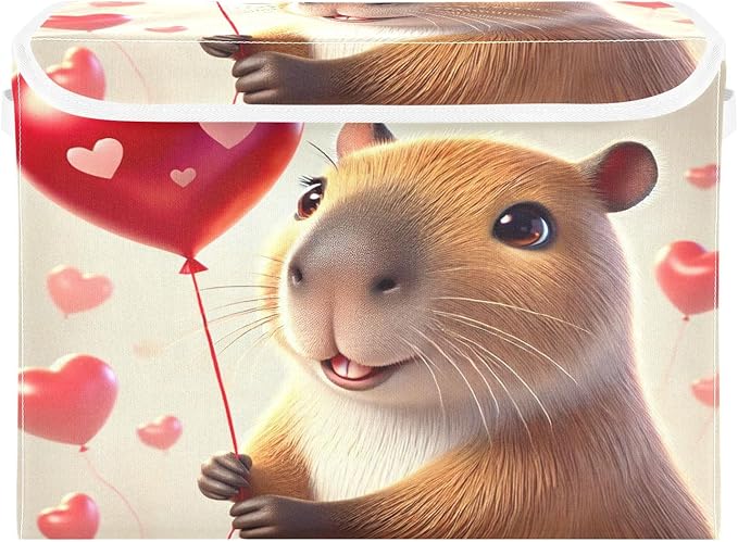 Capybara Valentines Balloon Heart Storage Bin Box with Lids Closet Storage Cube Large Foldable Organizer Container Fabric with Handles for Bedroom Clothes
