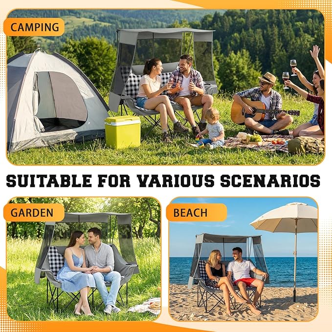 Teenyyou Double Camping Chair with Canopy Shade 660lbs Heavy Duty Beach Chair Portable Folding 2 Person Camping Loveseat with Cup Holder and Storage Bag for Lawn Beach Outdoor Sport(Grey Plaid)