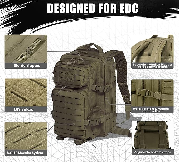 Military Tactical Backpack for Men 35L Small Molle System Water Resistant 3 Day Survival Assault Pack for Bug Out Bag Rucksack Travel Hiking Camping Gym Range Trekking Hunting Sport Work (Green)