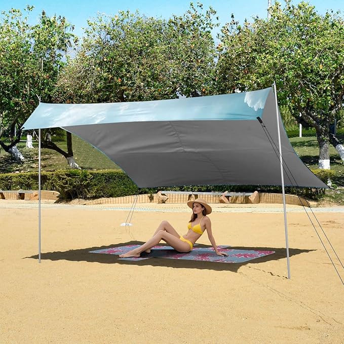 Meadow Blue Beach Tent Sun Shelter Set UPF50+ UV Protection 10.5 x 9.19 FT Camping Shade Canopy with Sandbags Sand Anchors Carrying Bag and Others