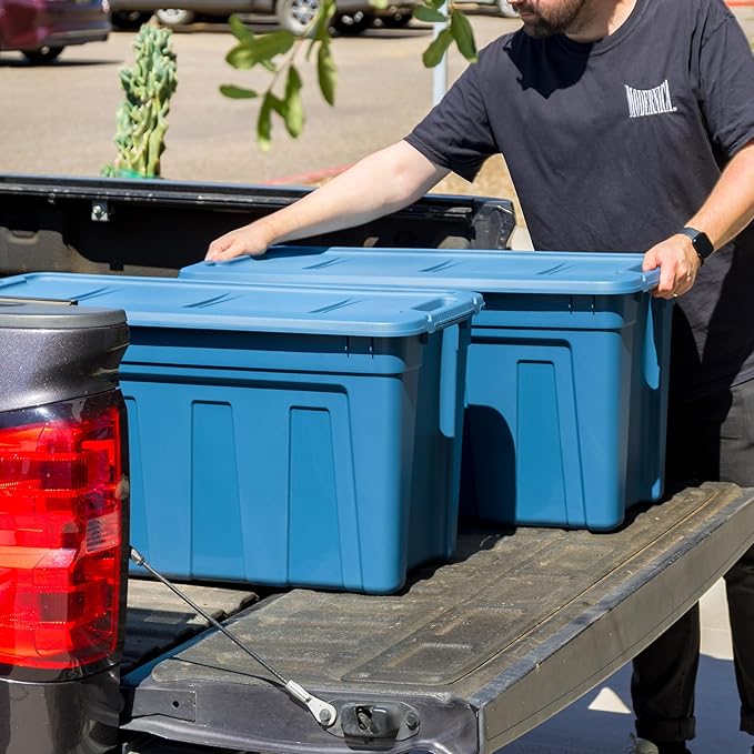 IRIS USA 31 Gallon Eco-Friendly Heavy Duty Storage Totes with Easy-Grip Handles 4 Pack - Large Bins with Lids Garage Organizing Tubs Durable Stackable Utility Containers Made in USA - Navy
