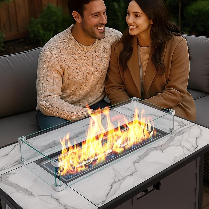 Nuu Garden 43'' Patio Propane Fire Pit Table 50000 BTU Gas Fire Pit with Marble-Textured Glass Top Wind Guard Lid Glass Beads CSA-Certified 2-in-1 Outdoor Table for Gatherings Ivory White