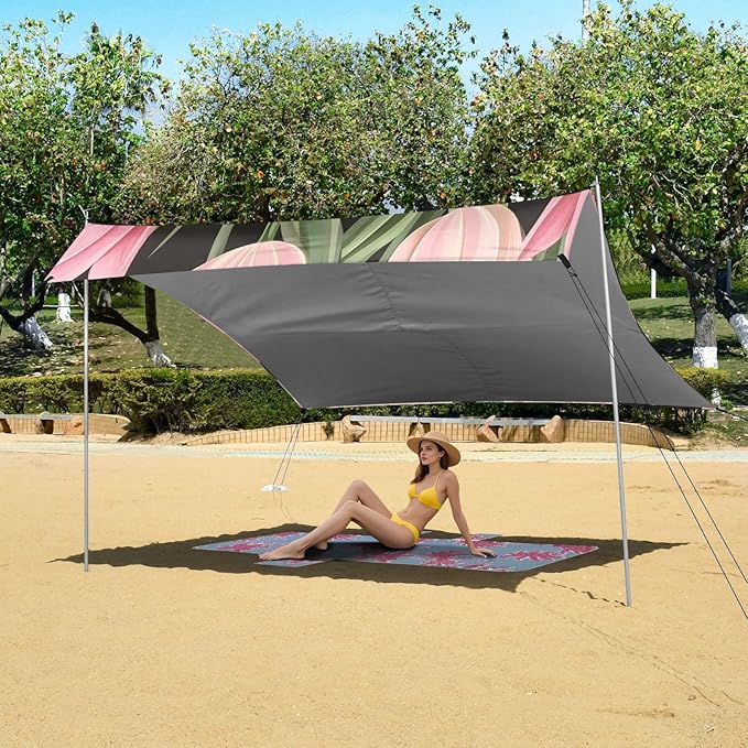 ALAZA Pink Tulips on Black Beach Tent Sun Shelter Portable Canopy Sunshade for Outdoor Camping Picnics Backyard Fun 10x9 ft