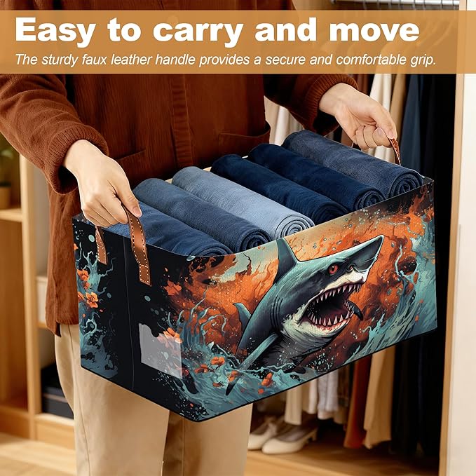 Ocean Shark Storage Bins with Handles Collapsible Storage for Clothes Gift Basket Blankets &amp Closet Organization
