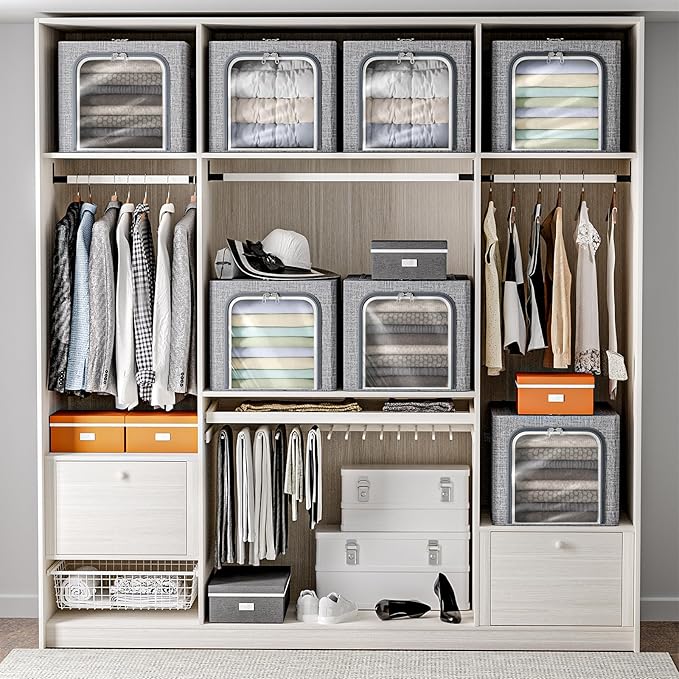 8 Pack Clothes Storage Bins with Metal Frame Foldable Clothing Storage Bins with Lids 49L Stackable Storage Box for Closet Fabric Organizer with Clear Window for Sweaters T-Shirts BeddingLight Grey