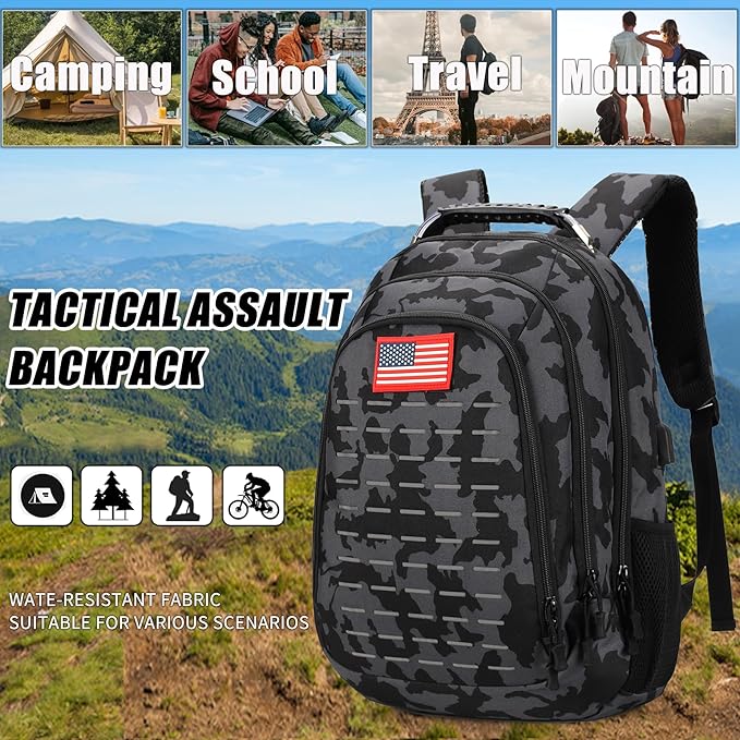 Camo BackpackSmall Tactical Backpack for outdoorMilitary Teen Boys Backpacks for School with USB Charging Port40L
