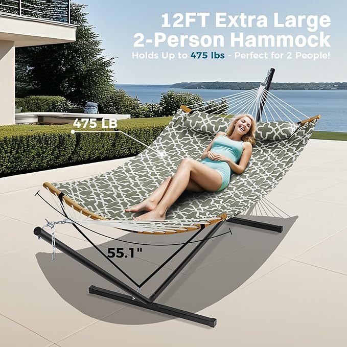 SUPERJARE Hammock with Stand 2 Person Heavy Duty Hammock with Padded Cotton Detachable Pillow &amp Strong Curved-Bar &amp Portable Carrying Bag Perfect for Outdoor &amp Indoor Grey with White F