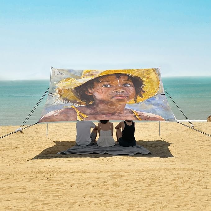 ALAZA Watercolour African American Beach Tent Sun Shelter UPF50+ Protection Beach Shade Canopy w/ 4 Sandbags for Outdoor Camping Fishing Backyard Fun Picnic 10x9 ft