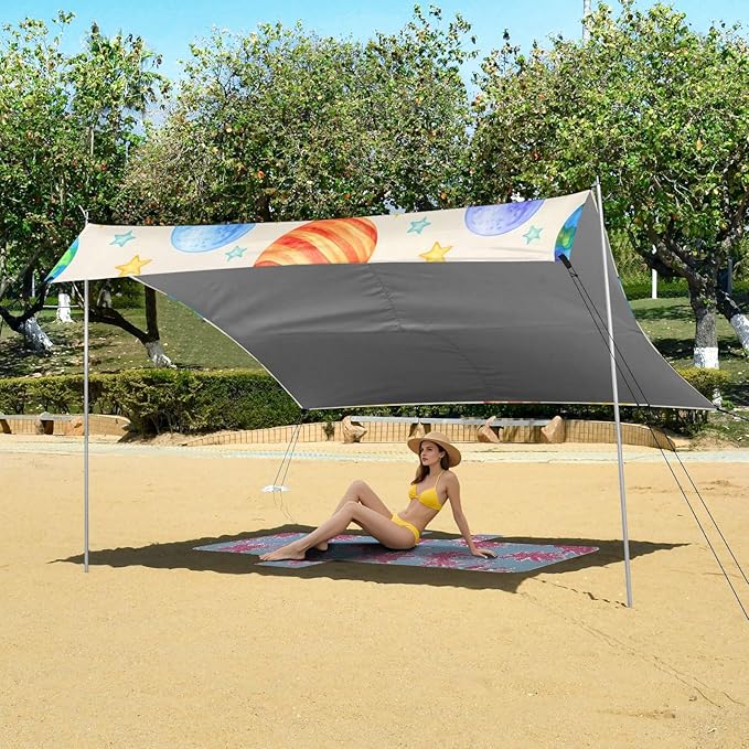 Beach Canopy with Windproof Ropes &amp Sandbags Beach Tent Sun Shade Sun Shelter for Camping Trips Fishing Backyard Fun or Picnics Planet