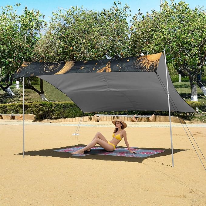 ALAZA Sun Moon Stars Constellations Witchery Beach Tent Sun Shelter UPF50+ Protection Beach Shade Canopy w/ 4 Sandbags for Outdoor Camping Fishing Backyard Fun Picnic 10x9 ft