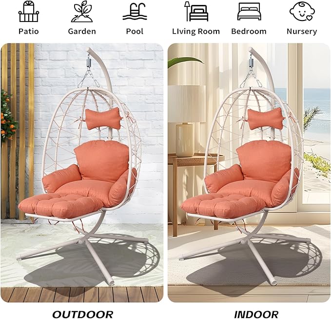 Hanging Egg Chair with Stand Outdoor Indoor Patio Rattan Swing Hammock Chairs with Washable Cushion PE Wicker Swing Chair for Backyard Bedroom Garden (White + Orange Red Cushion with Footrest)