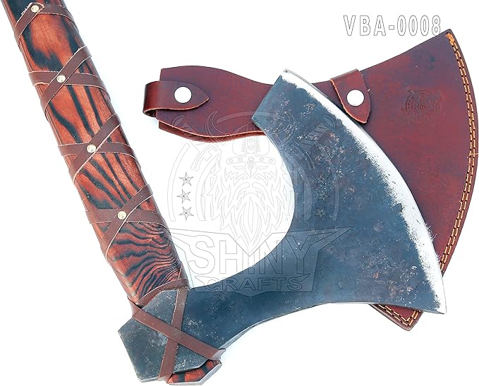 SHINY CRAFTS® Handcrafted Viking Axe – Engraved Nordic Blade with Wooden Handle Norse Bearded Hatchet for Men Unique Gift for Him Collectors Cosplay Camping Medieval Wall Decor (SCA-0008)