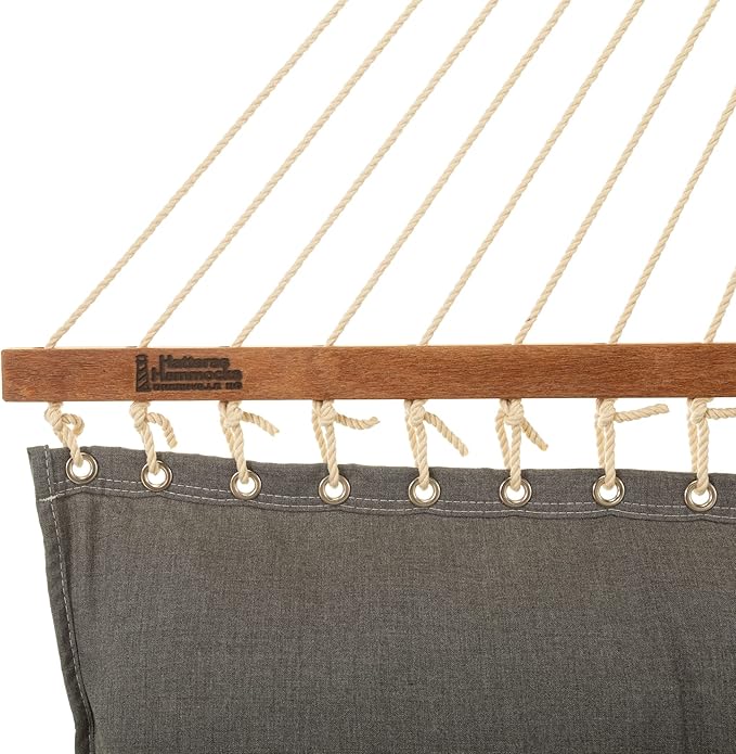 Hatteras Hammocks Large Cast Slate Sunbrella Tufted Hammock with Detachable Pillow – 13 ft. x 55 in. 2-Person 450 lb Capacity Cumaru Spreader Bar – Handcrafted in The USA