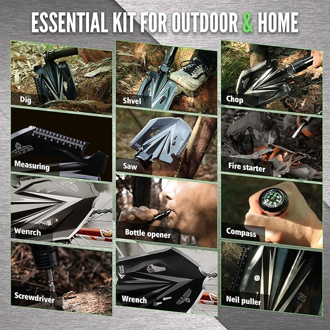 Zune Lotoo Tactical Shovel Survival Tool 18 in 1 Small Camping Shovel Folding Multitool Compact Entrenching Tool Heavy Duty for Hiking Backpack Emergency Spade Lightweight Car Truck Gift Survivalist
