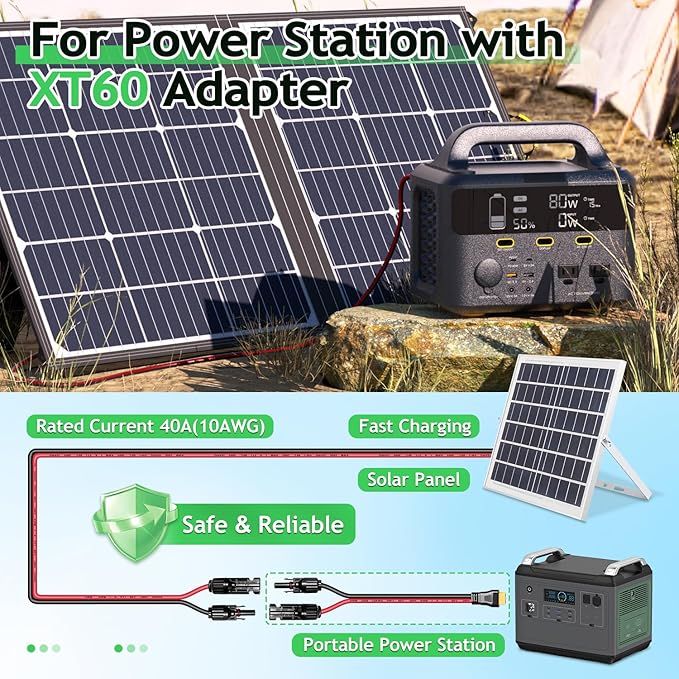 WFPOWER Solar Panel Connector to XT60 Connector Cable 20FT 10AWG Solar to XT60 Charge Extension Cable (Plug Female) Cables for RV Folding Portable Power Station Solar Generator
