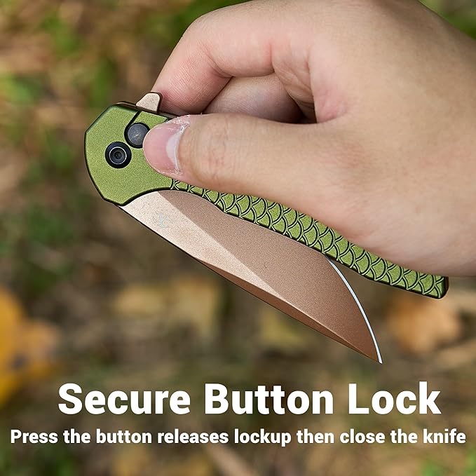KANSEPT Accipiter Pocket Knife 3.53Rose Gold 14C28N BladeGreen Anodized Aluminum with Fish Scale Texture Handle Flipper Open &amp Button Lock Deep Clip EDC Folding Knives for Camping Hunting T10