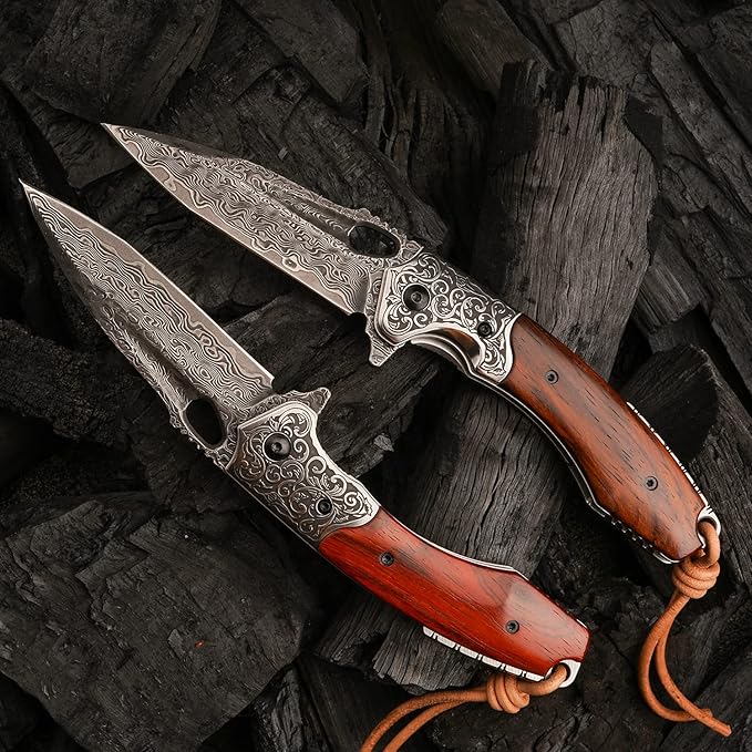 forging handmade vg10 damascus steel folding kniferosewood handle leather sheathedc pocket knives for men outdoors camping fishing
