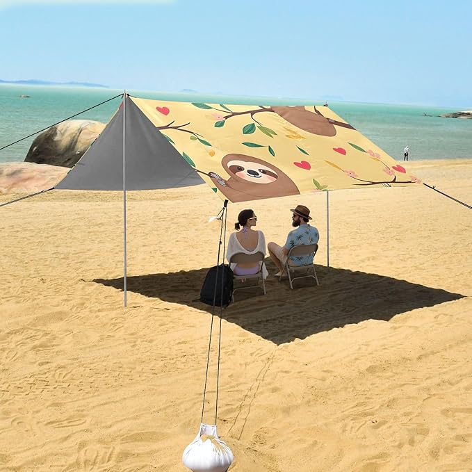 ALAZA Sloth Branch Love Pattern Beach Tent Sun Shelter Portable Canopy Sunshade for Outdoor Camping Picnics Backyard Fun 10x9 ft