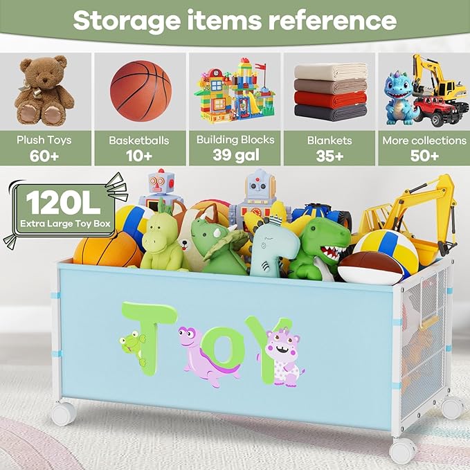 Large Toy Box with Wheels 120L Toy Boxes for Extra Large Metal &amp Oxford Cloth Toy Chest Toy Organizer with Wooden Handle for Bedroom Living Room Area Stuffed Toys Clothes(Blue 1PC)