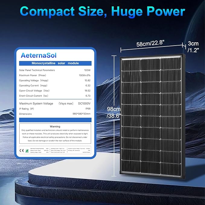 200W Solar Panel2PCS 100 watt Bifacial Solar Panel N-Type 16BB 25.6% High Efficiency 120 Watt Peak IP68 Grade A+ Cells for RV Trailer Marine Farm Rooftop Off-Grid System (Bifacial 100W*2)