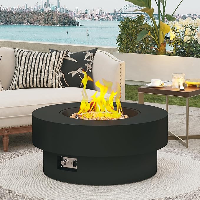 32.5 Inch Propane Fire Pit Table 50000 BTU Round Patio Fire Pit Table Outdoor CSA Certified Stainless Burner with Steel Lid Waterproof Cover &amp Lava Rocks for Backyard Garden Black