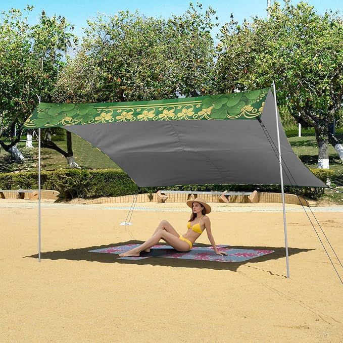 Beach Canopy with Windproof Ropes &amp Sandbags Beach Tent Sun Shade Sun Shelter for Camping Trips Fishing Backyard Fun or Picnics St. Patrick's Day