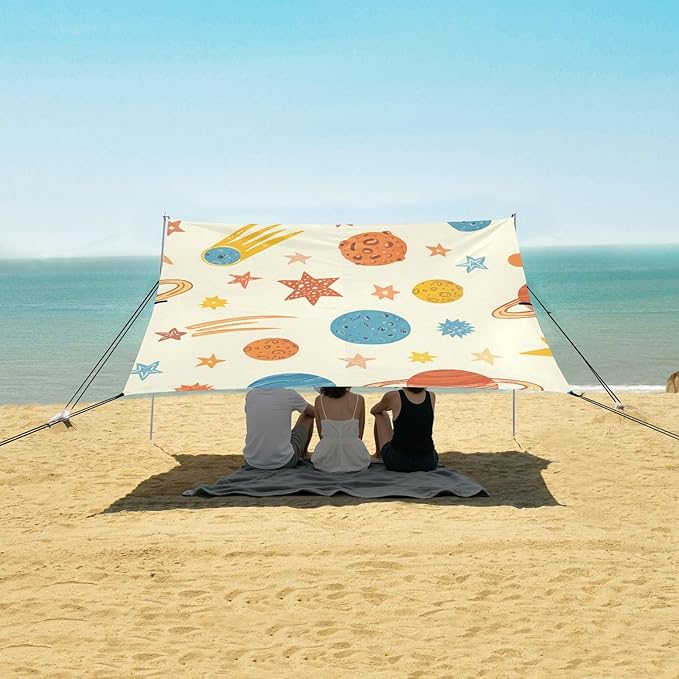 Beach Canopy with Windproof Ropes &amp Sandbags Beach Tent Sun Shade Sun Shelter for Camping Trips Fishing Backyard Fun or Picnics Planet