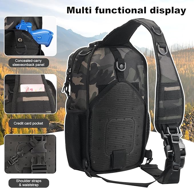 Rover Sling Pack Tactical Shoulder Sling Bag Backpack with Bottle Holder Crossbody Chest Bag Black Camo
