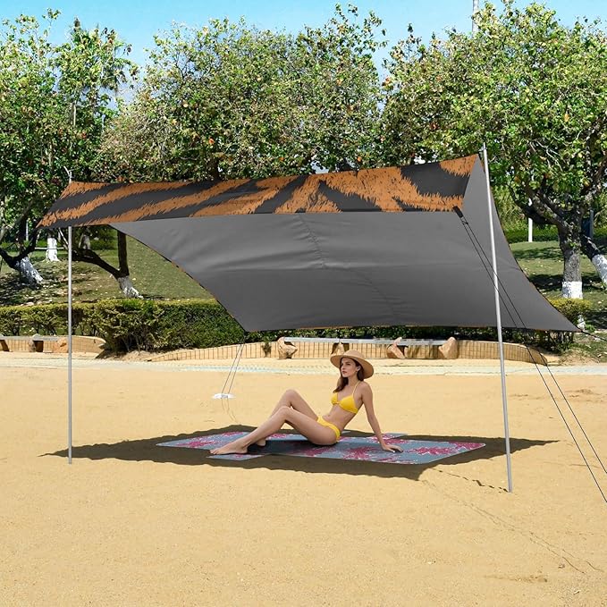 ALAZA Light Brown Tiger Prints Beach Tent Sun Shelter UPF50+ Protection Beach Shade Canopy w/ 4 Sandbags for Outdoor Camping Fishing Backyard Fun Picnic 10x9 ft