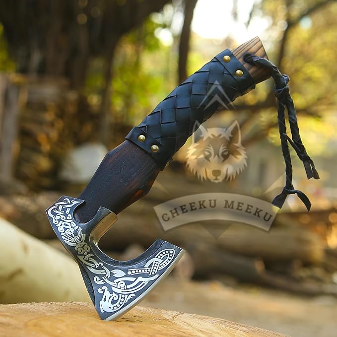 13 Custom Handmade Carbon Steel Real Viking Axe Hatchet Throwing and Camping Axe Birthday Gift for him Leather Wrapped Handle and Leather Sheath (FM 25)