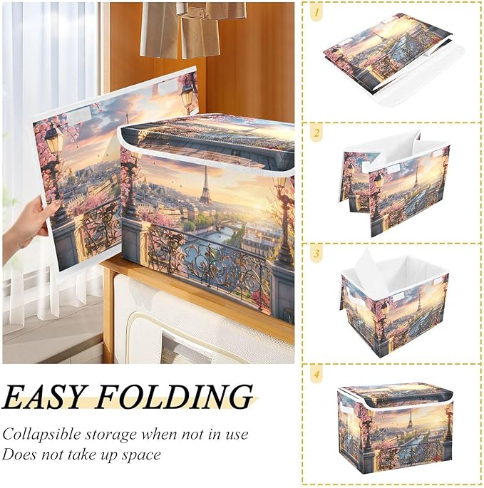 ALAZA Storage Bins Organizer Box Baskets Lidded Clothes for Shelves Closet Paris Spring Collapsible Stackable Storage Cubes Handles