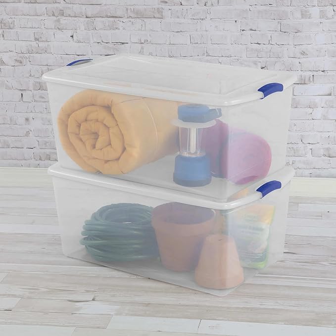 (2-PACK) 105 QT Plastic Transparent Storage Box Equipped with a Blue Lock Mechanism Stackable Suitable for Household Items Seasonal Clothing Holiday Decorations and Garage Organization.