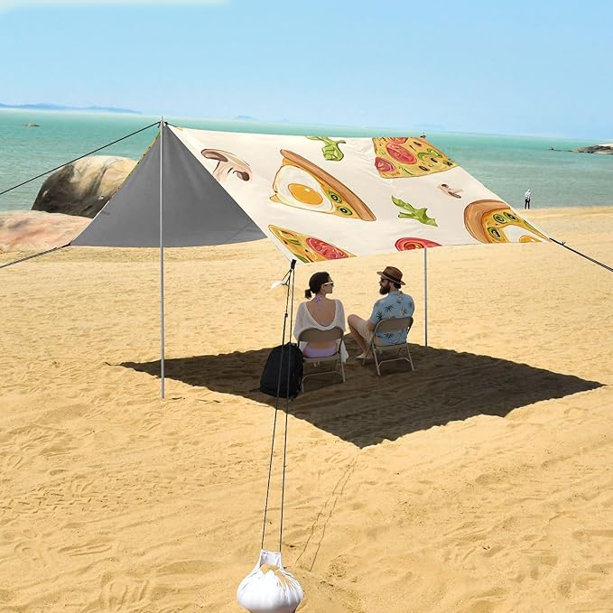 ALAZA Pizza Mushroom Tomato Egg Pattern Beach Tent Sun Shelter Portable Canopy Sunshade for Outdoor Camping Picnics Backyard Fun 10x9 ft