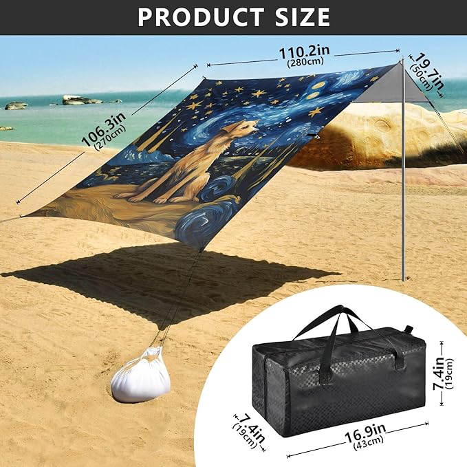 ALAZA Dog Starry Sky Art Beach Tent Sun Shelter UPF50+ Protection Beach Shade Canopy w/ 4 Sandbags for Outdoor Camping Fishing Backyard Fun Picnic 10x9 ft