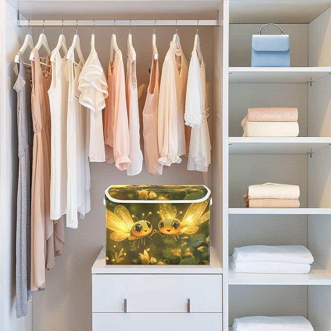 AIXIWAWA Lidded Storage Cube (Bees Golden) Fabric Foldable Closet Bins with Flip Lid and Handles Organizer Basket Container 16.5 x 12.6 x 11.8 IN