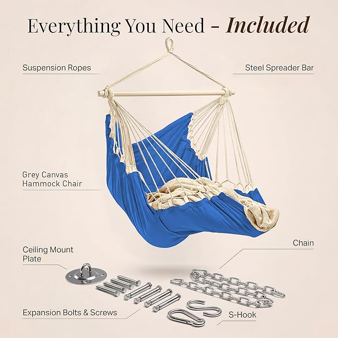 Hanging Hammock Chair Swing – Hanging Chair Outdoor &amp Indoor - Hammock Swing Chair – Quick &amp Easy Setup with Hardware Kit – Durable &amp Spacious Full Body Support – Holds 440 Lbs