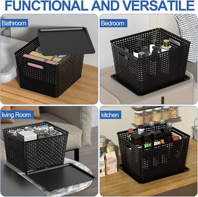 Large Plastic Storage Baskets with Lids Stackable Storage Bin Basket for Organizing Shelves Closet Pantry 14.09 x 11.69 x 8.78 6 Pack Black