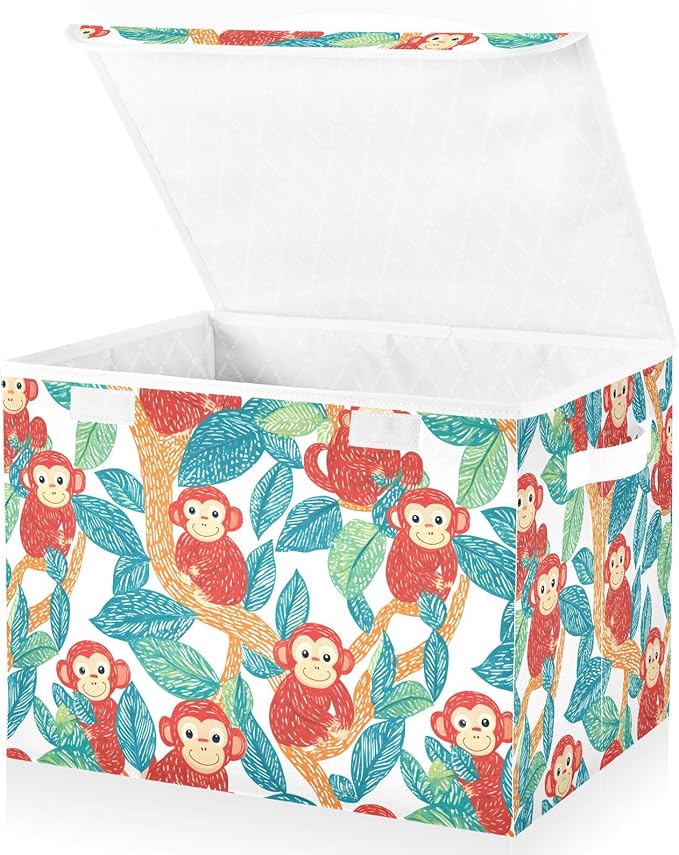 Storage Cube with Lid Cartoon Monkey Print 16.5×12.6×11.8 IN 1 Pack Collapsible Large Capacity Foldable Storage Basket Bin Organizer