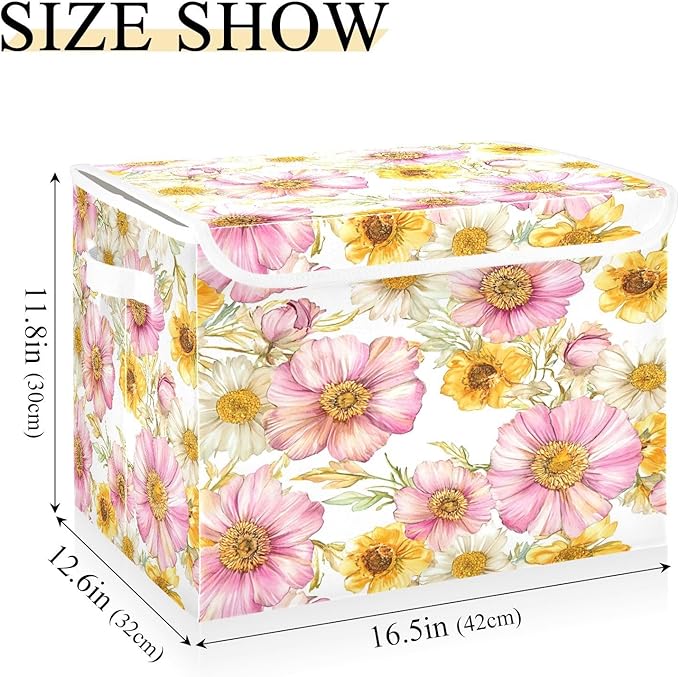 Flowers Fabric Storage Bins with Lids and HandleFoldable Storage Bins with LidsCloset Organizers for Clothes Storage Room Organization Office Storage Chest Organizer