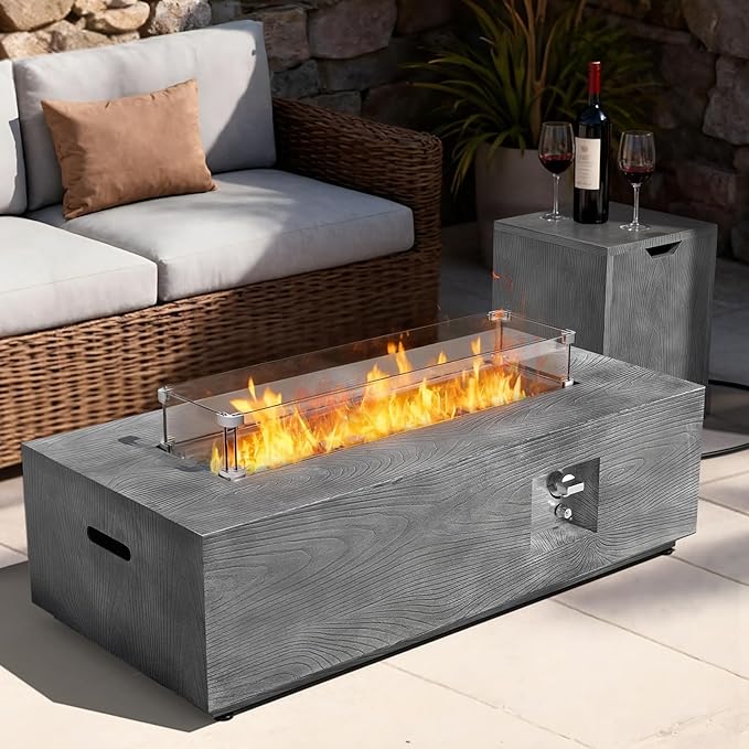2-Piece 42 Rectangular Propane Fire Pit for Outside Patio with Hidden Tank Table 50000 BTU Fireplaces with Glass Wind Guard Lid Glass Rocks Cover(Grey Wood Grain)