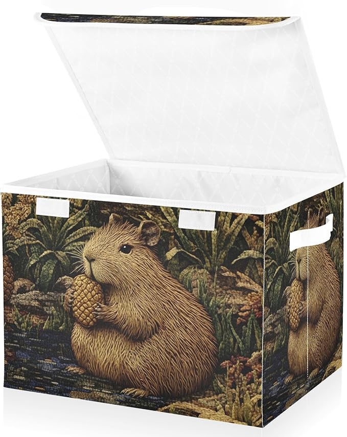 Storage Cube with Lid Pineapple Capybara Print 16.5×12.6×11.8 IN Collapsible Large Capacity Foldable Storage Basket Bin Organizer
