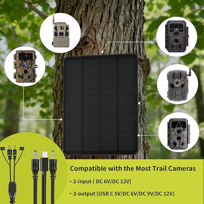 LIYVZ Trail Camera Solar Panel with Bulit-in 5000mAh Battery 2 Pack 3W Solar Panel for Trail Camera IP66 Waterproof Multi Interfaces with USB-C &amp DC 6V/9V/12V Output 360° Adjustable
