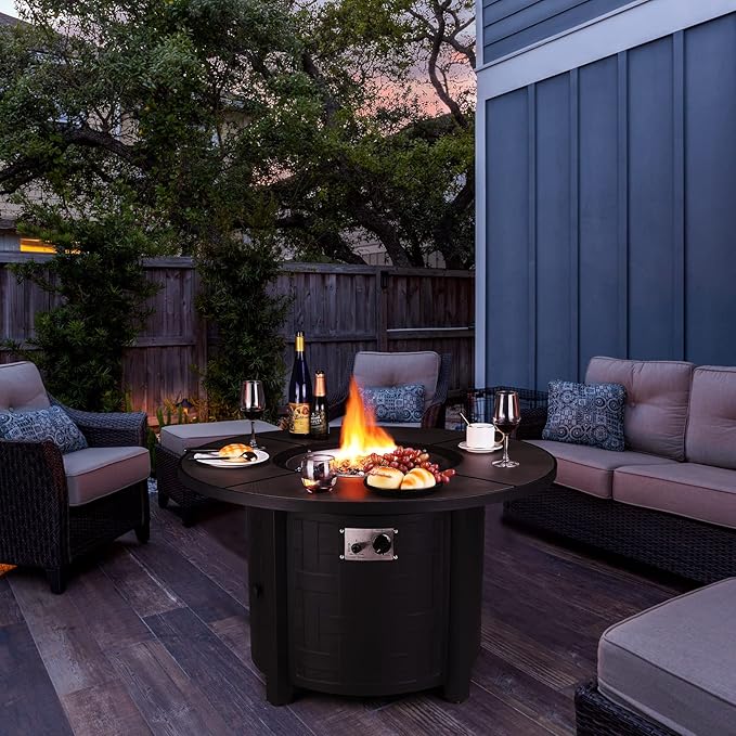 TLGREEN Propane Fire Pit Table 42 Inch Round – 50000 BTU Outdoor Fire Pit with Lid Converts to Patio Coffee Table Certified Includes Waterproof Cover &amp Blue Fire Glass