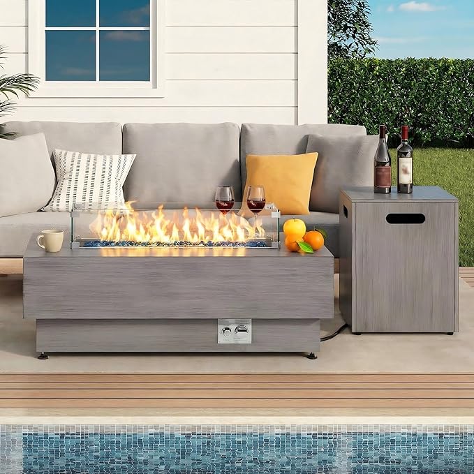IRONCK 43-inch Outdoor Propane Fire Pit Table w Tank Table CSA Certified 2 in 1 Rectangular Patio Fire Pit w Glass Rocks Wind Guard and Cover 50000 BTU Outside Heater for Pool Vintage Gray