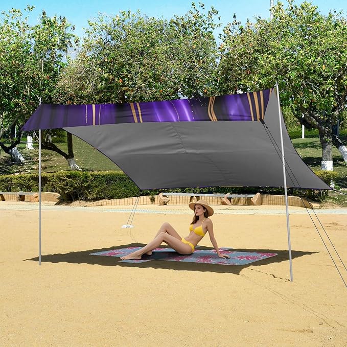 xigua Purple Texture Beach Tent Sun Shelter with Carrying Bag - Silver Coated Oxford Fabric Beach Canopy for Beach Camping Fishing - Includes Windproof Ropes Sandbags &amp Stakes