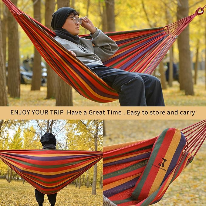 Rainbow Hammock Cotton Hammocks Comfortable Fabric Hammock with Tree Straps for Travel Patio Garden Hanging Sturdy Hammocks Up to 660lbs Indoor/Outdoor Portable Hamacas with Travel Bag（Rainbow）