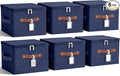 6 Pack Fabric Closet Storage Bins with Zipper Lids and Label 10×8×7In Large Size Foldable Cotton Linen Storage Cubes Boxes with PU Leather Handles Holders for Bedroom Nursery Dark Blue