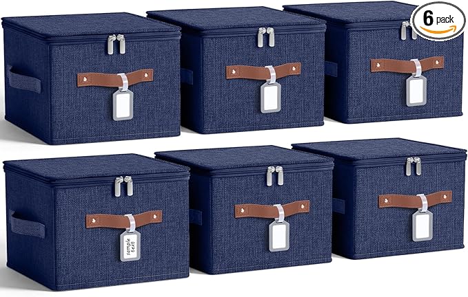 6 Pack Fabric Closet Storage Bins with Zipper Lids and Label 10×8×7In Large Size Foldable Cotton Linen Storage Cubes Boxes with PU Leather Handles Holders for Bedroom Nursery Dark Blue